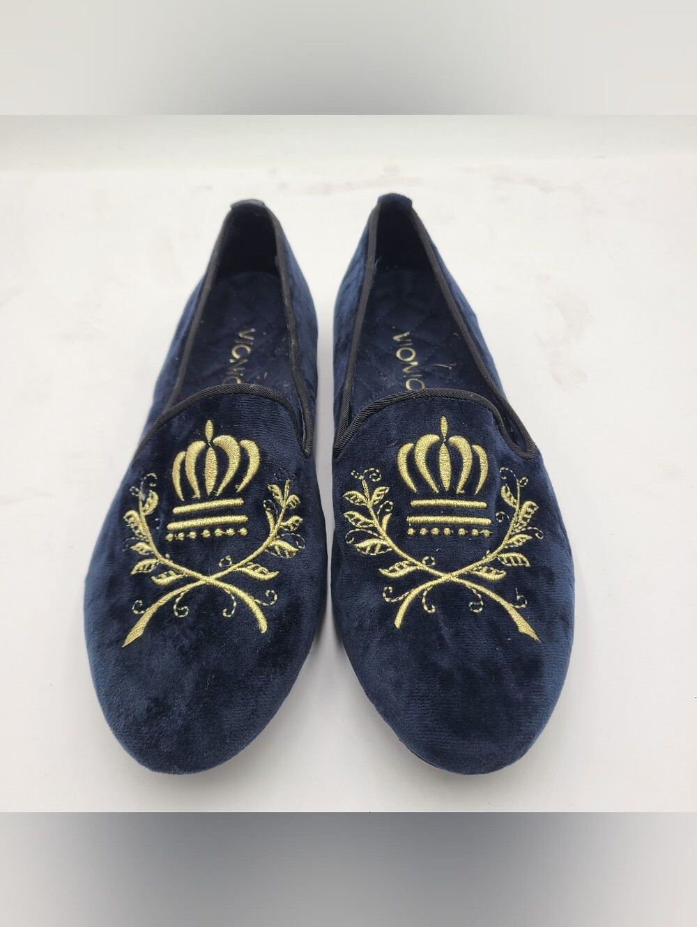 B48 Excellent VIONIC 366 Snug Romi Navy Velvet Loafer Flat Gold Crown Size 8